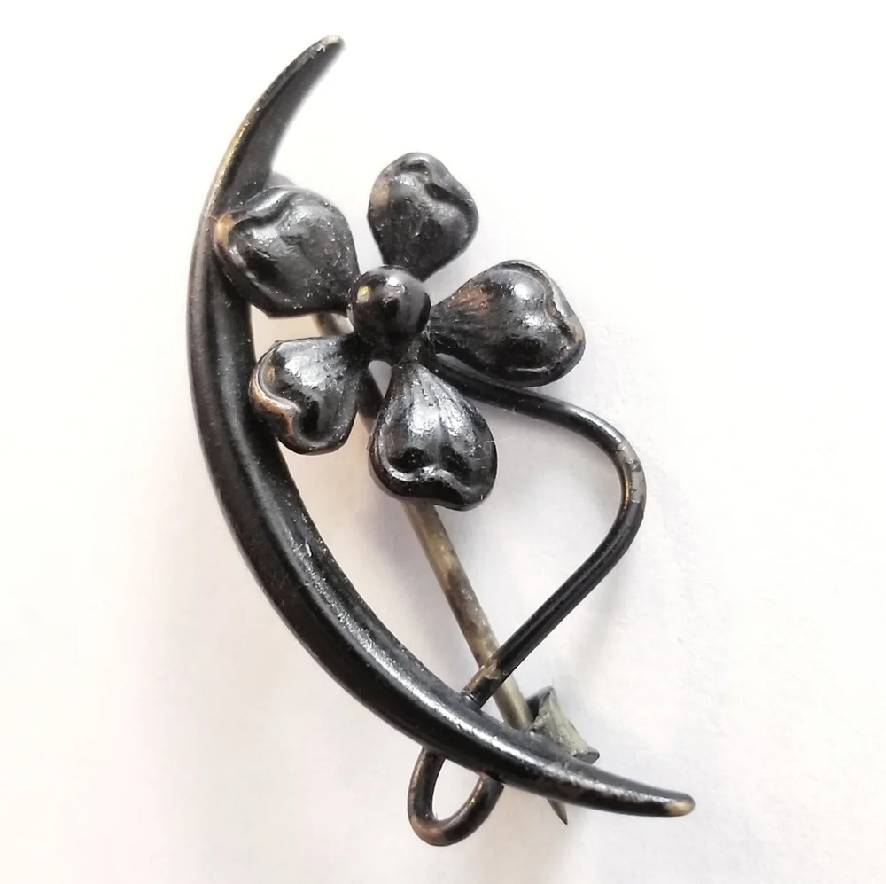 Antique honeymoon brooch crescent moon pin black vintage celestial floral - Picture 1 of 7